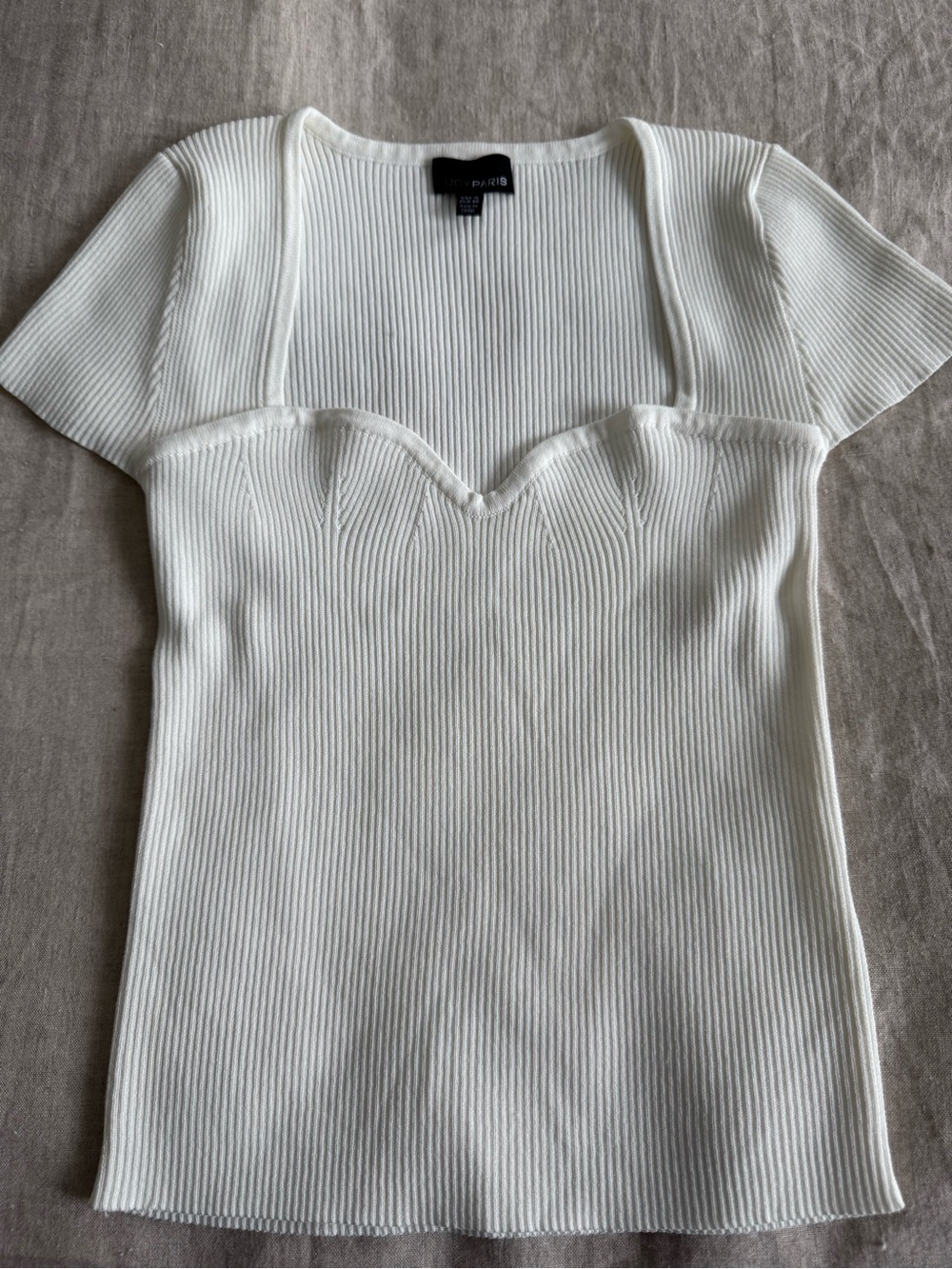 Lucy Paris White Ribbed Sweetheart Short Sleeve Top